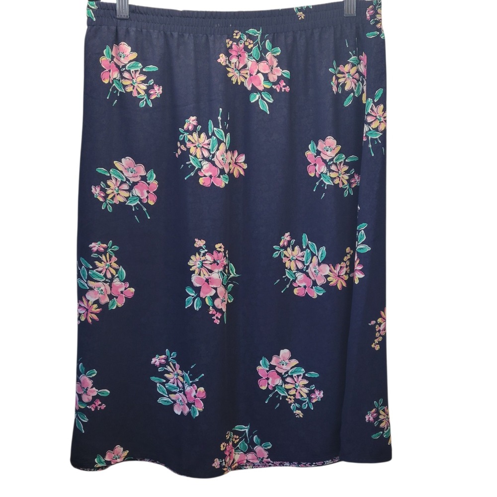 Pendleton Lg Navy Blue Pink Floral Midi Skirt Elastic Waist Lined Slip On E656